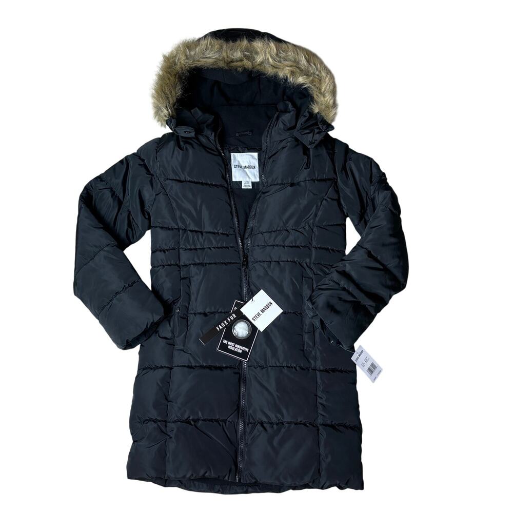 STEVE MADDEN WOMEN'S PUFFER JACKET FAUX-FUR HOOD WINTER COAT LARGE NWT WAS $140